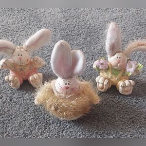 Three Vintage Wooden Easter Bunnies with Plush Ears